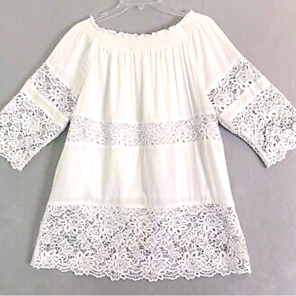 Chico’s Lace Off-Shoulder Women's Tunic Top 3/16 White Feminine Lined